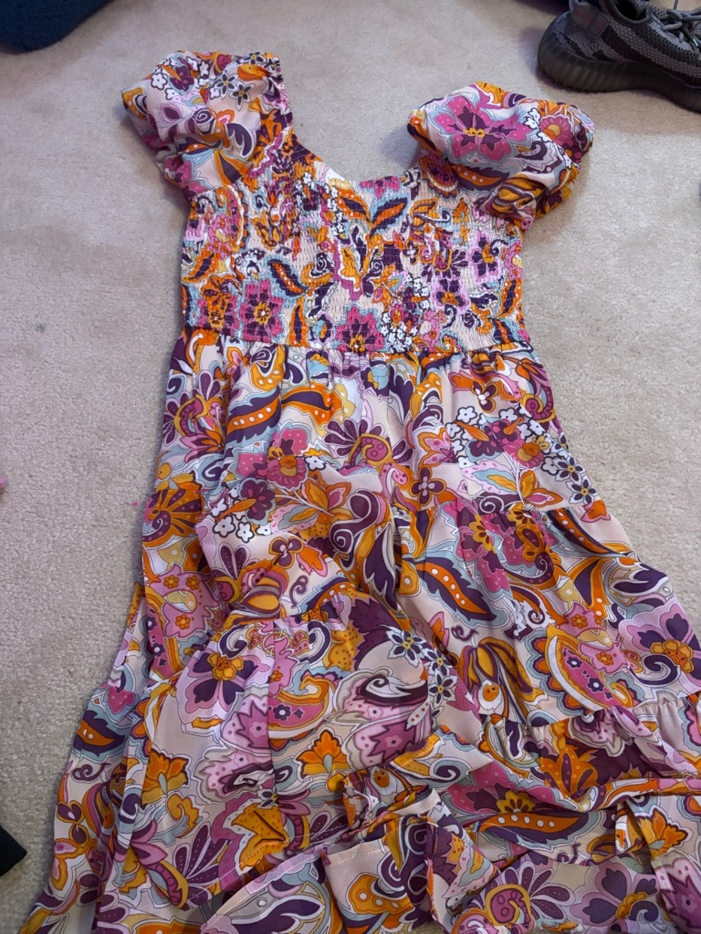 Smocked Floral Paisley Maxi Dress in Pink, Purple & Orange